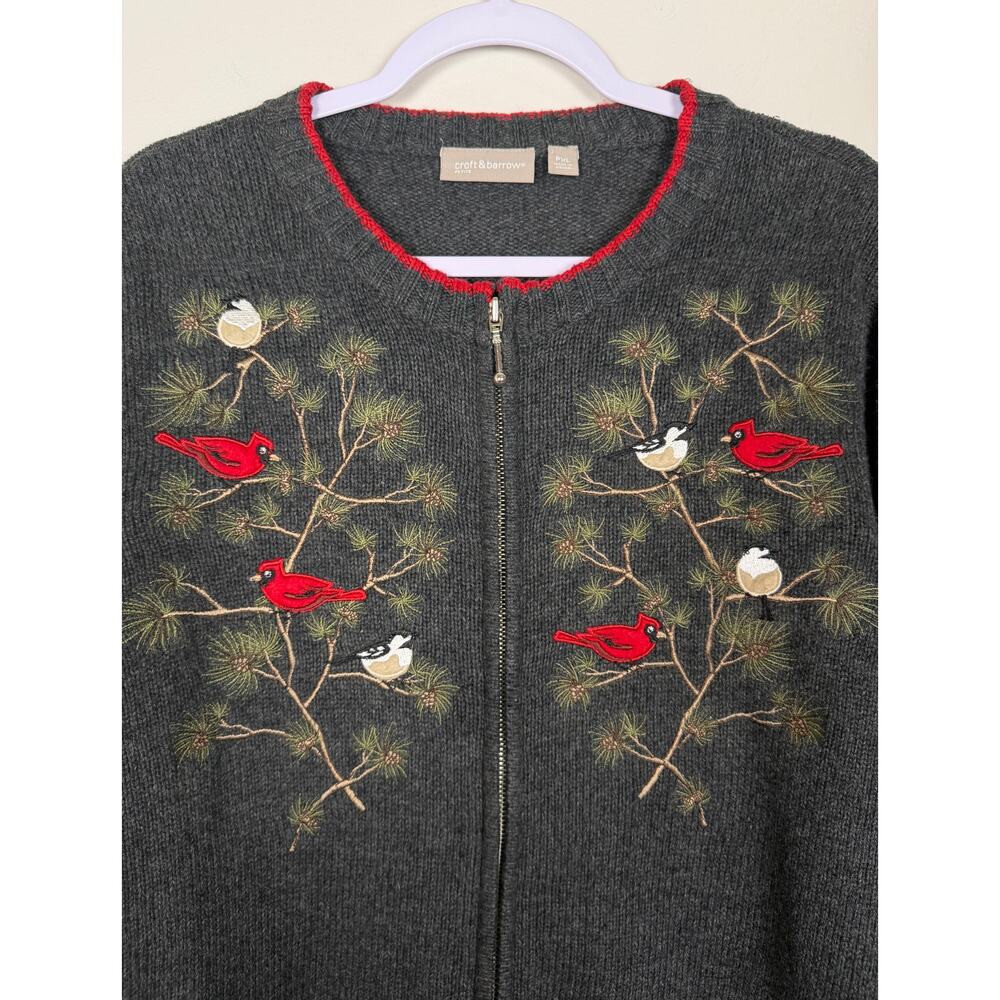 Croft & Borrow Bird Embroidered Sweater Jacket Gray XL Petite Cardinal - Picture 2 of 9